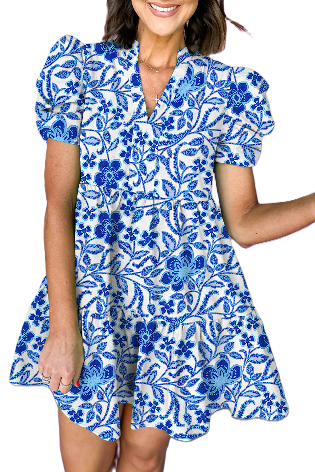 Women's Blue Floral Print Puff Sleeve Tiered Mini Dress - Main View Women's Blue Floral Print Puff Sleeve Tiered Mini Dress - Main View