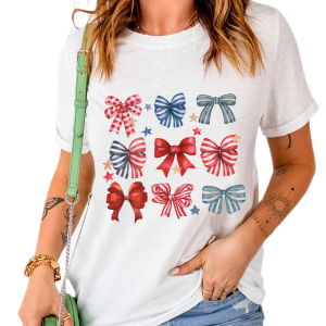 Women's Patriotic Bow Graphic Tee, Casual Summer Short Sleeve - Main View