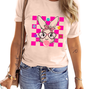 Women's Graphic Bunny T Shirt, Casual Pink Short Sleeve Top - Main View