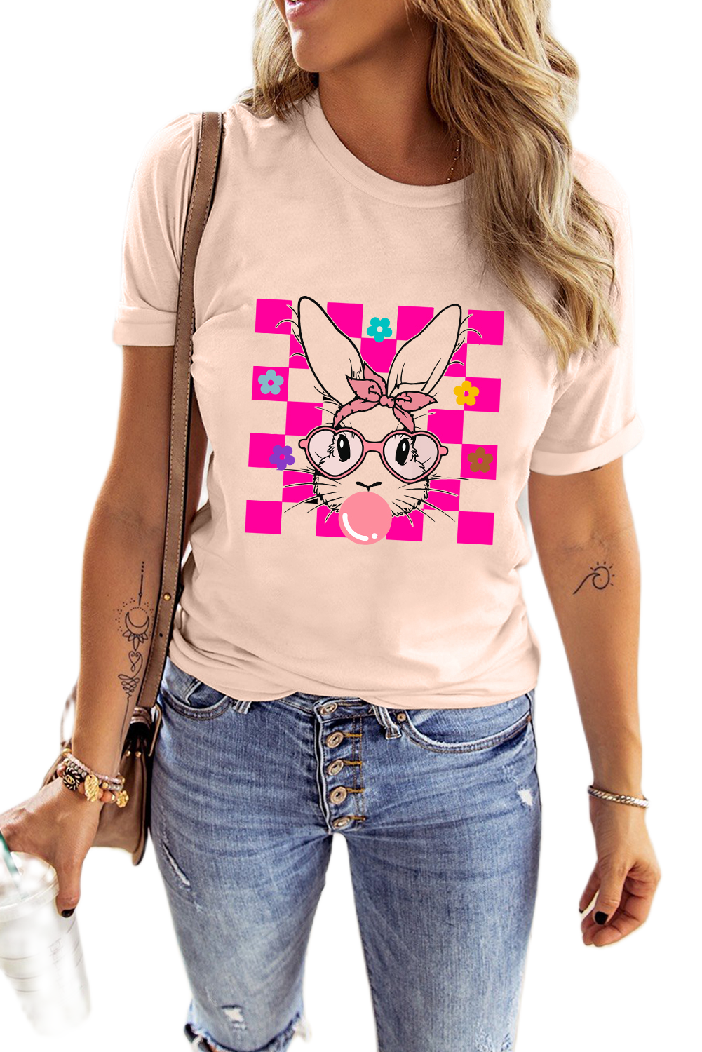 Women's Graphic Bunny T Shirt, Casual Pink Short Sleeve Top - Main View Women's Graphic Bunny T Shirt, Casual Pink Short Sleeve Top - Main View
