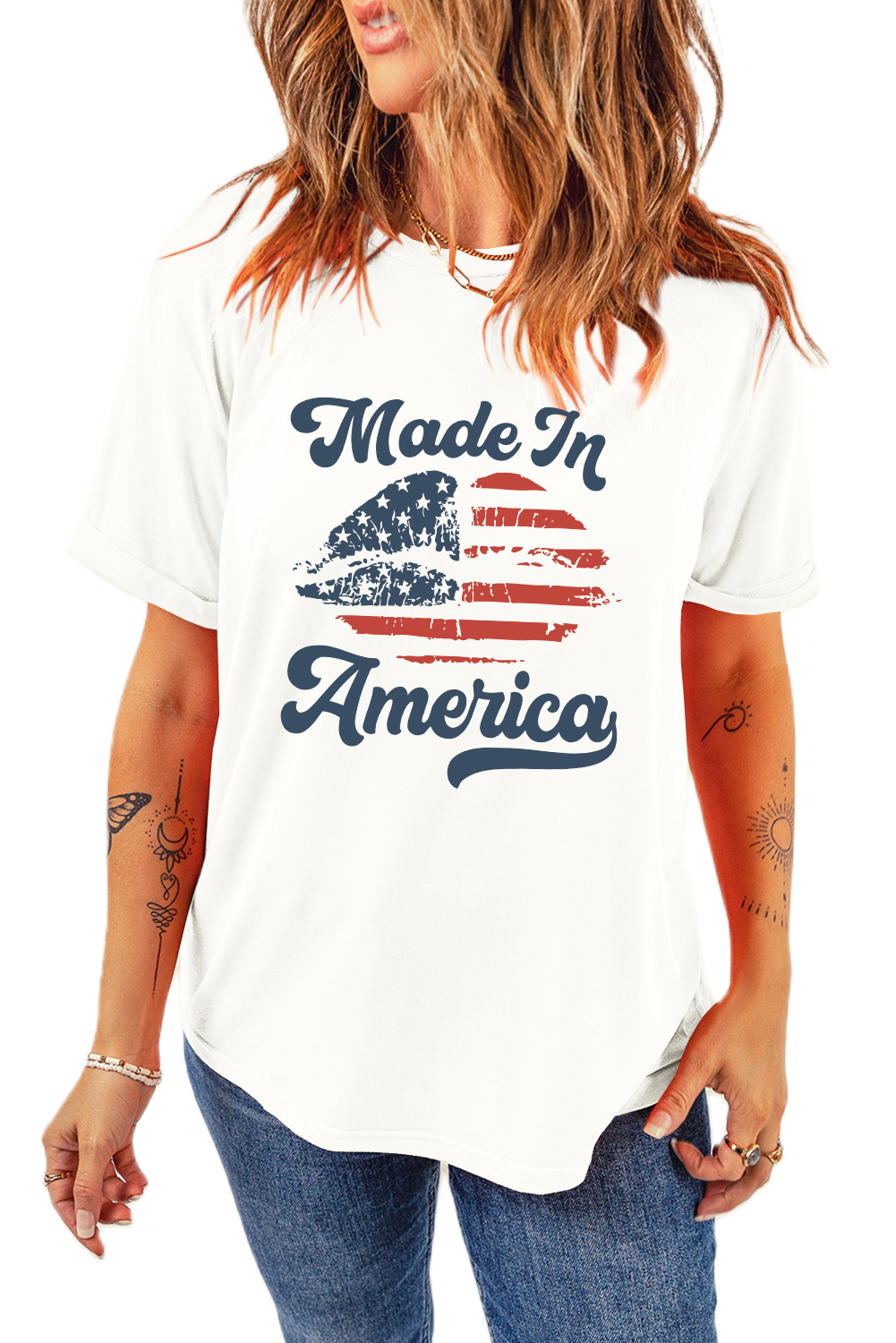 Women's White O Neck T-Shirt with American Flag Lip Print – Casual Style for Daily Wear - Main View Women's White O Neck T-Shirt with American Flag Lip Print – Casual Style for Daily Wear - Main View