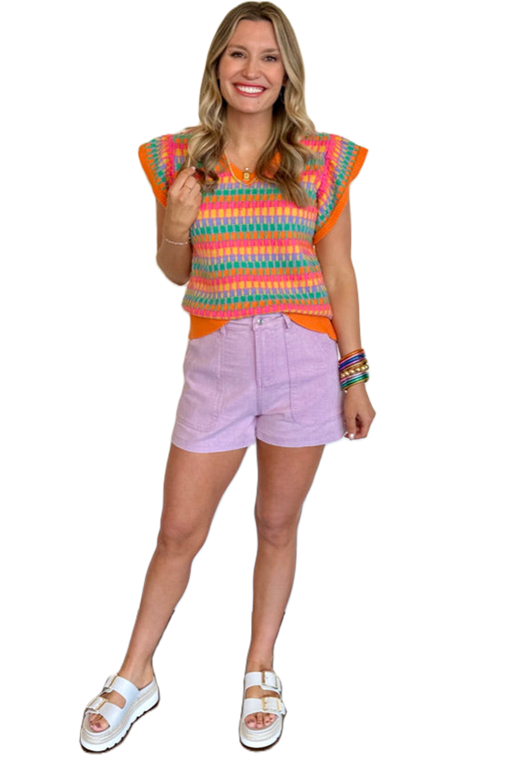 Women's Elegant Multicolor Flutter Sleeve Knitted Sweater Top - Main View Women's Elegant Multicolor Flutter Sleeve Knitted Sweater Top - Main View