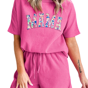Women's Rose Red MAMA Embroidered Leopard Letters Waffle Short Set - Main View