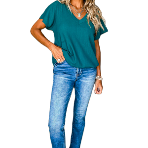 Women's Blue Sapphire V Neck Tee, Casual Crinkled Short Sleeve - Main View