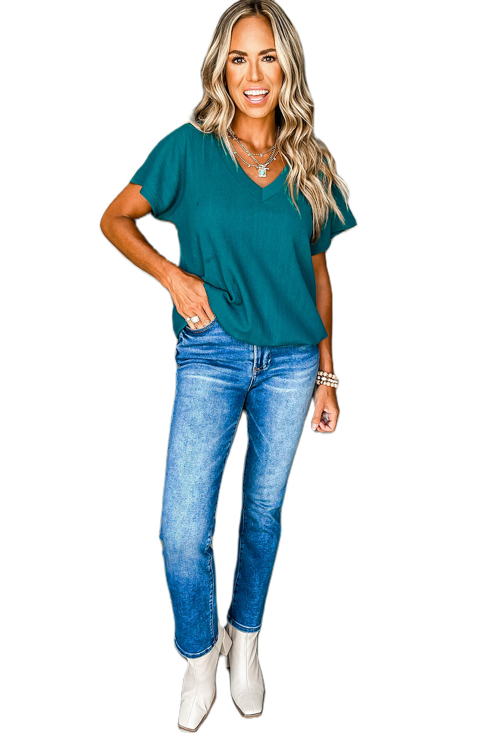 Women's Blue Sapphire V Neck Tee, Casual Crinkled Short Sleeve - Main View Women's Blue Sapphire V Neck Tee, Casual Crinkled Short Sleeve - Main View