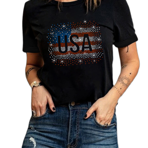 Women's Stylish Black Rhinestone USA Flag Graphic T-Shirt - Main View