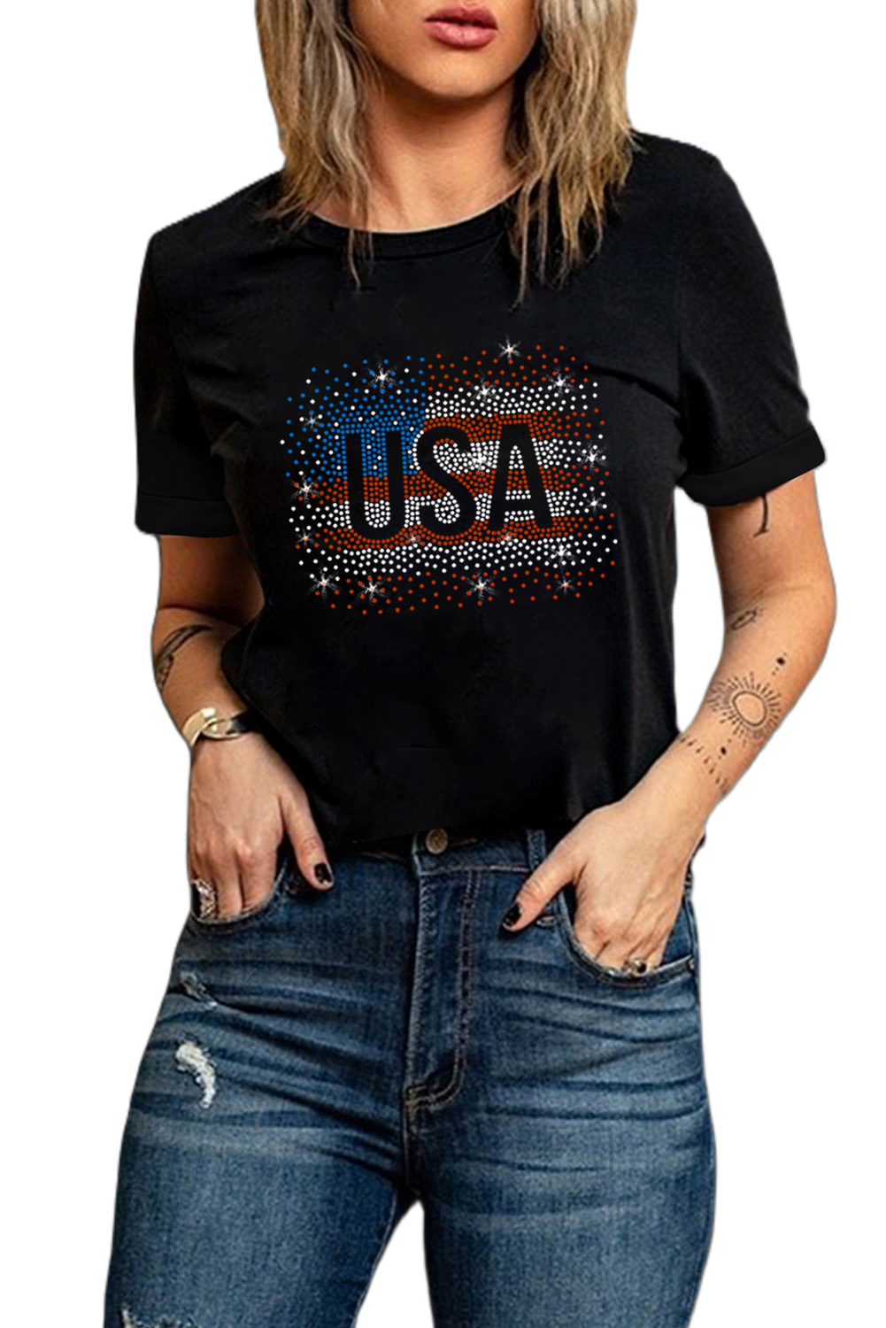 Women's Stylish Black Rhinestone USA Flag Graphic T-Shirt - Main View Women's Stylish Black Rhinestone USA Flag Graphic T-Shirt - Main View
