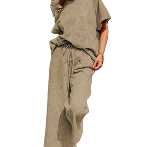 Women's Textured Lounge Set, Casual Short Sleeve Top and Pants - Main View