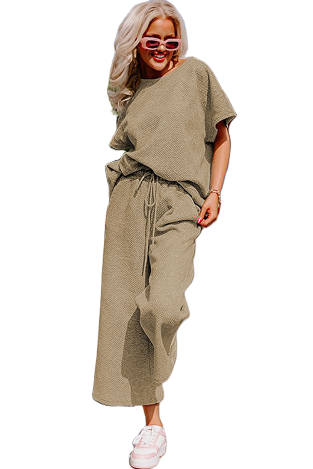 Women's Textured Lounge Set, Casual Short Sleeve Top and Pants - Main View Women's Textured Lounge Set, Casual Short Sleeve Top and Pants - Main View