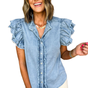 Women's Beau Blue Button Front Ruffled Flutter Frayed Denim Top - Main View