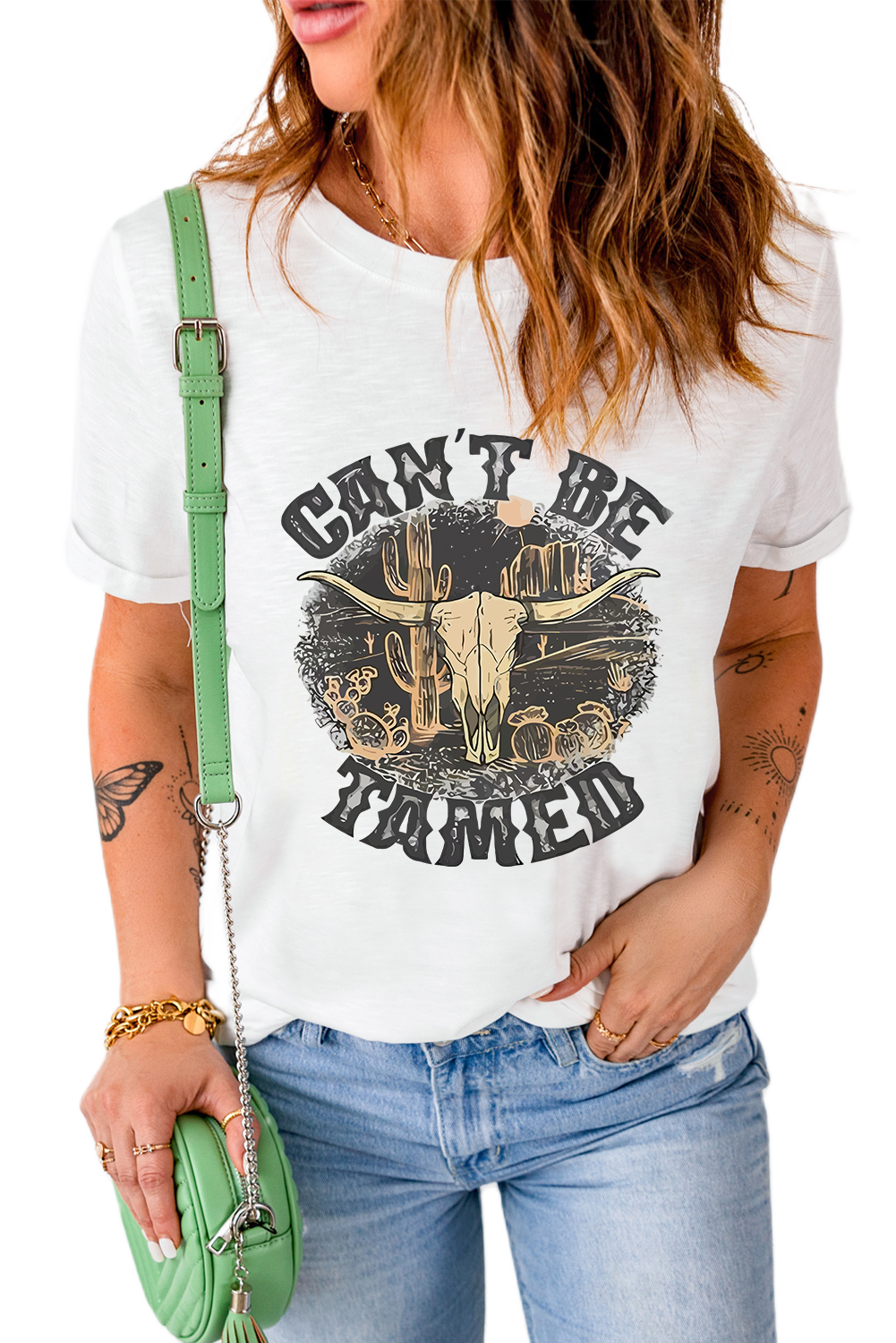 Women's White Cant Be Tamed Western Steer Head Crew Neck T-Shirt - Main View Women's White Cant Be Tamed Western Steer Head Crew Neck T-Shirt - Main View