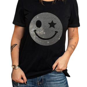 Women's Black Sparkle Rhinestone Smile Face Graphic T-Shirt - Main View