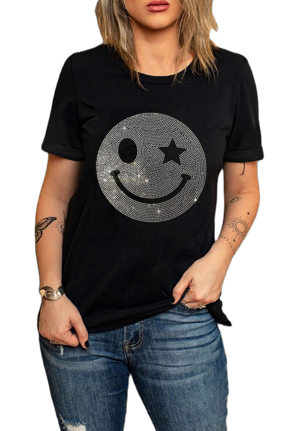 Women's Black Sparkle Rhinestone Smile Face Graphic T-Shirt - Main View Women's Black Sparkle Rhinestone Smile Face Graphic T-Shirt - Main View
