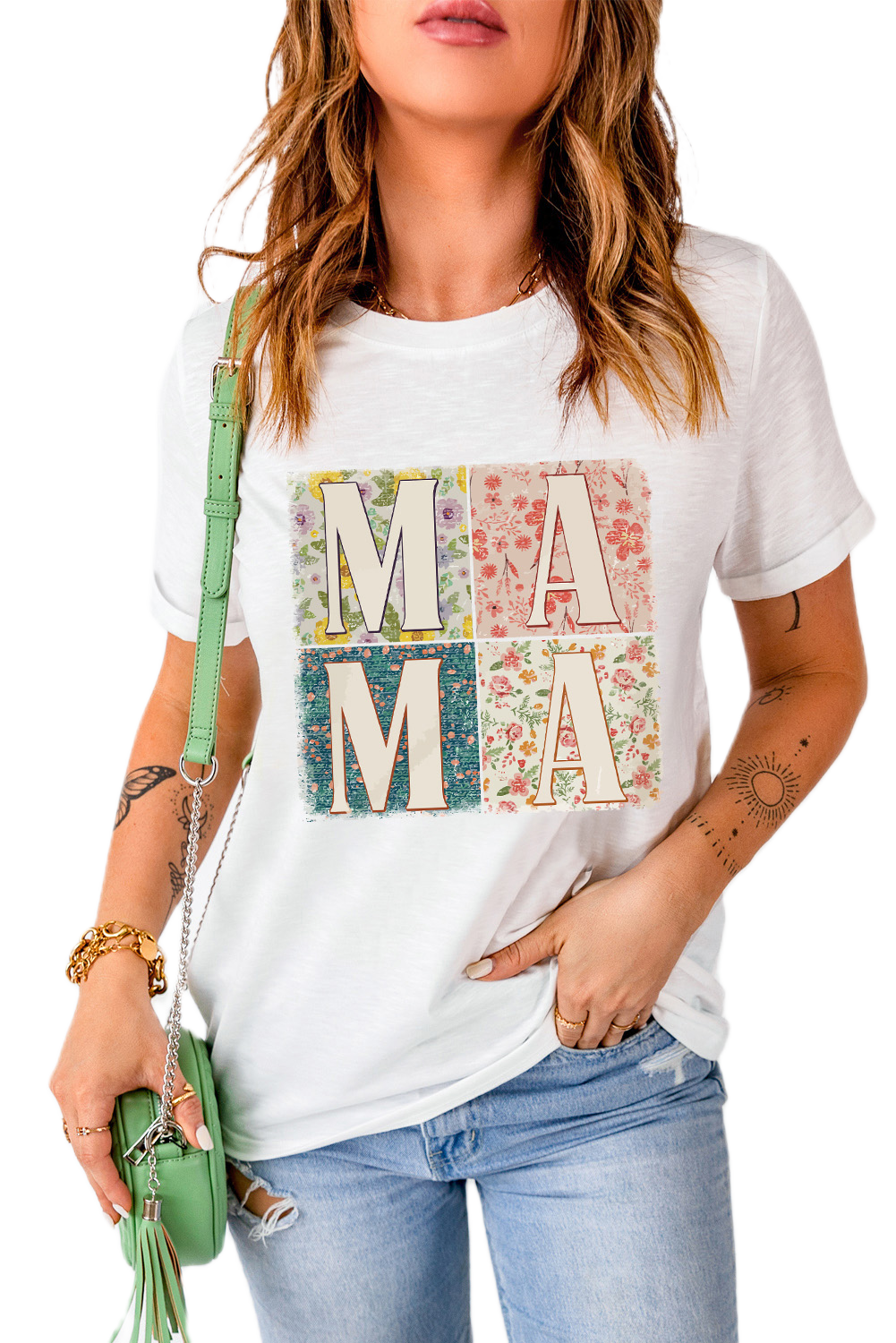 Women's White MAMA Floral Block Graphic Casual T-Shirt - Main View Women's White MAMA Floral Block Graphic Casual T-Shirt - Main View