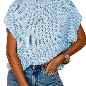 Women's Iceland Blue High Neck Bat Wing Sleeveless Knitted Sweater - Main View