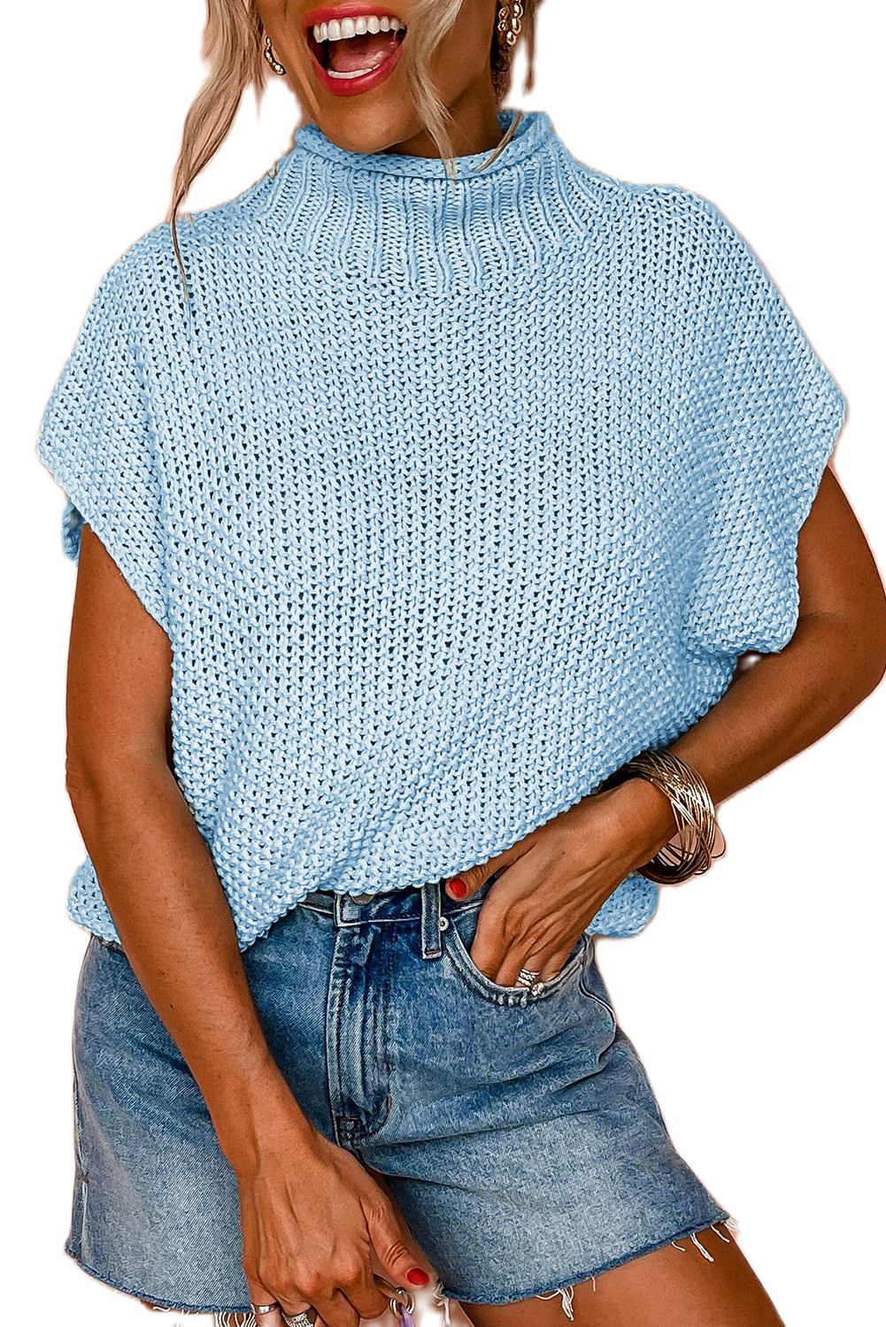 Women's Iceland Blue High Neck Bat Wing Sleeveless Knitted Sweater - Main View Women's Iceland Blue High Neck Bat Wing Sleeveless Knitted Sweater - Main View