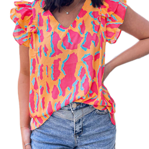 Women's Orange Abstract Print V Neck Ruffled Sleeve Blouse - Main View