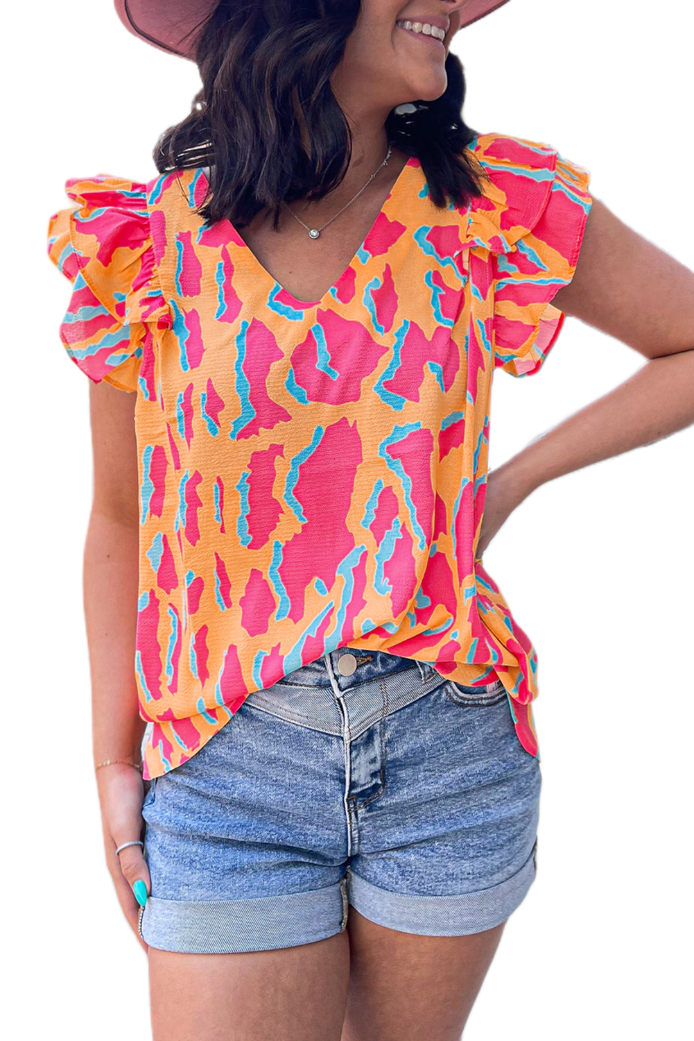 Women's Orange Abstract Print V Neck Ruffled Sleeve Blouse - Main View Women's Orange Abstract Print V Neck Ruffled Sleeve Blouse - Main View