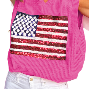 Women's Bonbon Sparkling American Flag Knitted Sleeveless Vest - Main View