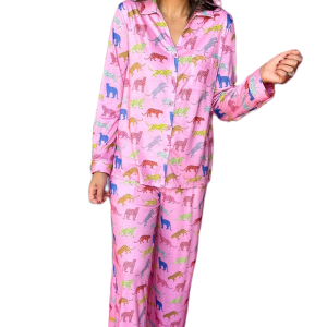 Women's Pink Leopard Pajama Set, Long Sleeve Button Down - Main View