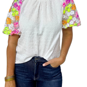 Women's White Sequin Flower Puff Sleeve Textured Top - Main View