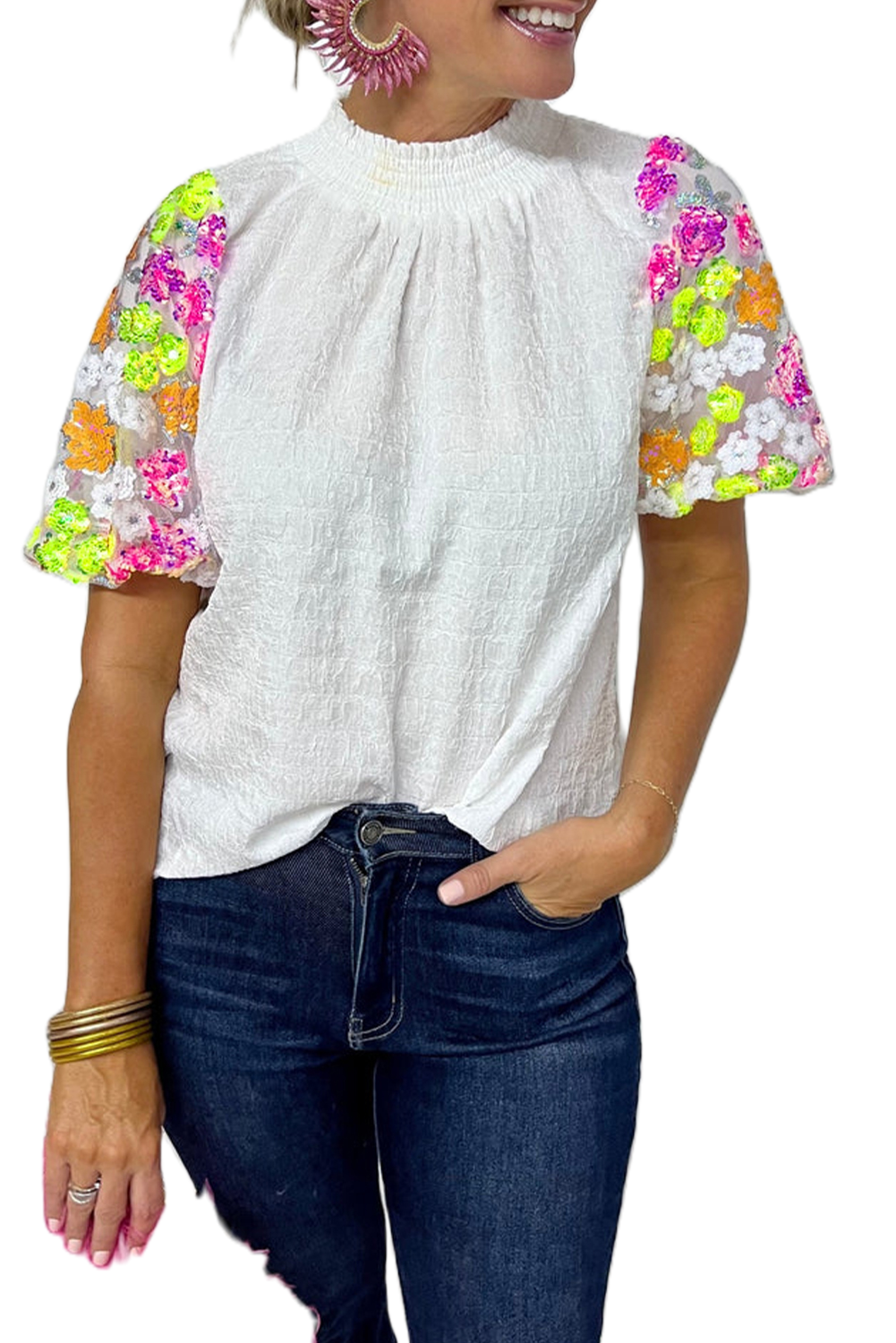Women's White Sequin Flower Puff Sleeve Textured Top - Main View Women's White Sequin Flower Puff Sleeve Textured Top - Main View