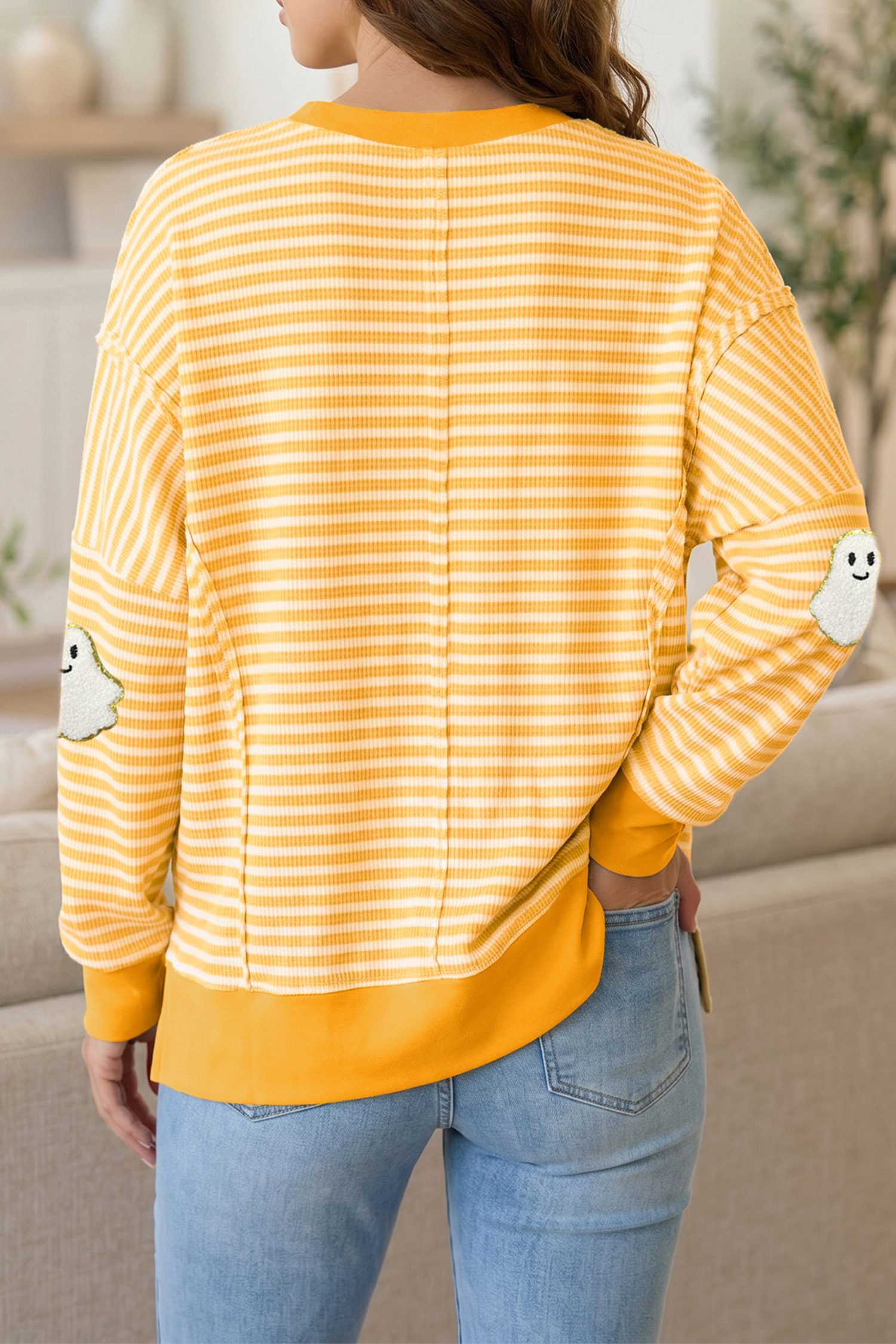 Women's Soft Stripe Pullover, Halloween Ghost Patch Top - Detail View 9 Women's Soft Stripe Pullover, Halloween Ghost Patch Top - Detail View 9