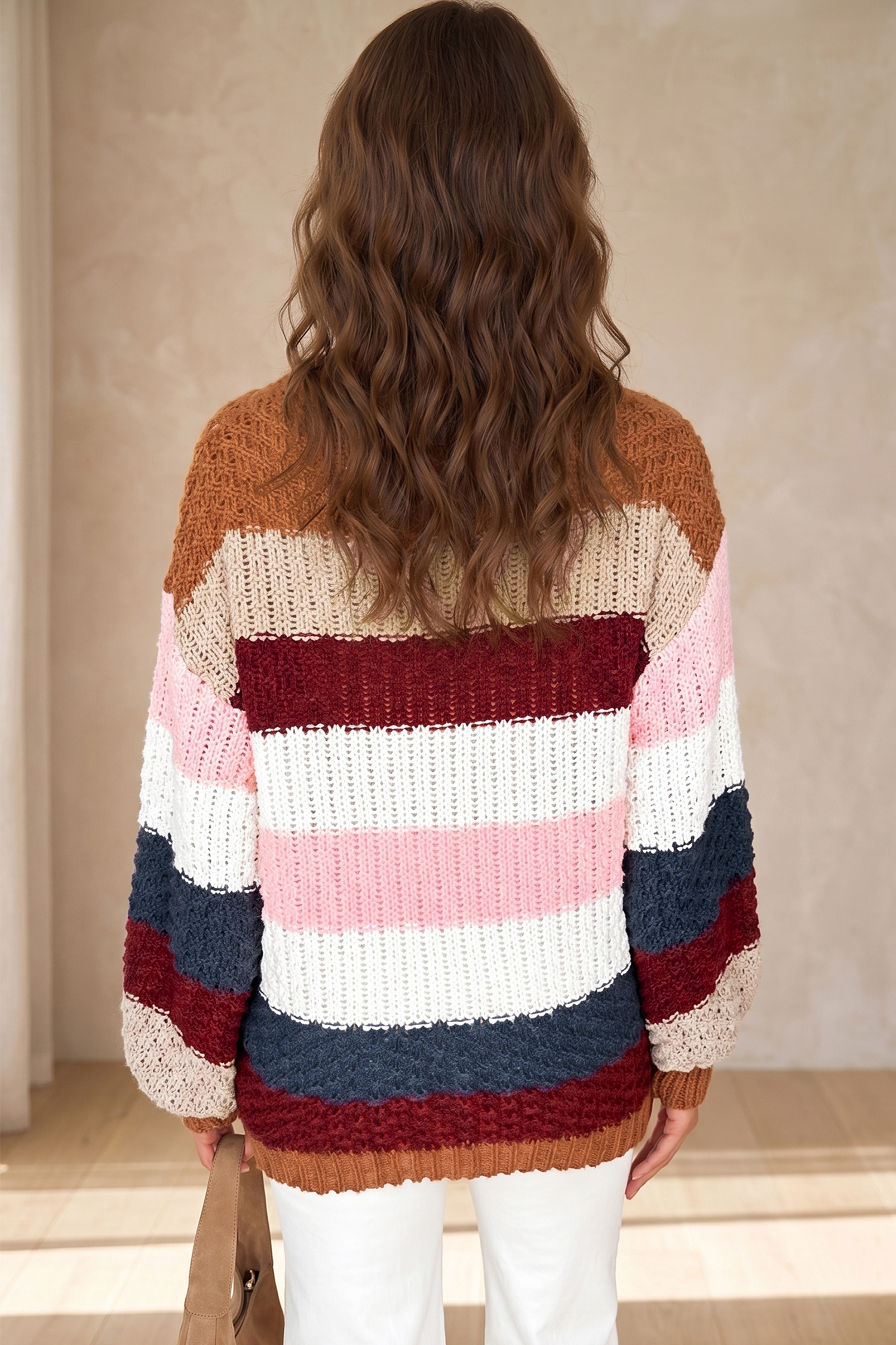 Boho Color Block Pullover, Women's Striped Drop Shoulder - Detail View 2 Boho Color Block Pullover, Women's Striped Drop Shoulder - Detail View 2