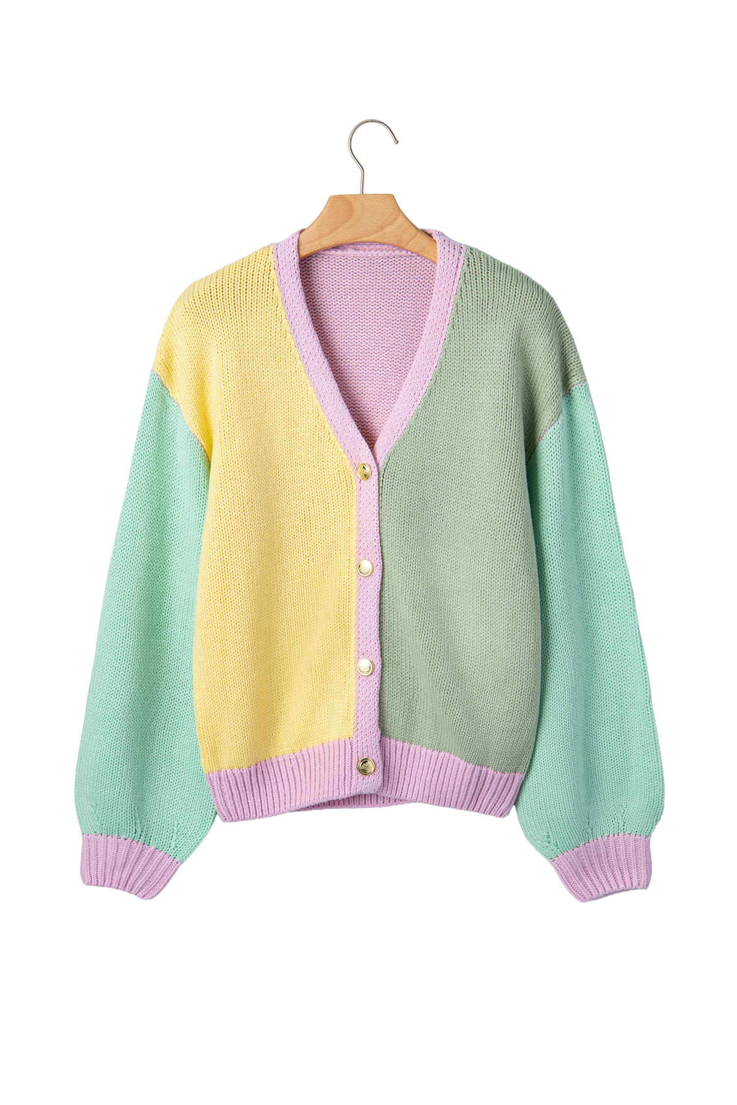 Pastel Patchwork Cardigan, Long Sleeve Button Down Knitwear - Detail View 5 Pastel Patchwork Cardigan, Long Sleeve Button Down Knitwear - Detail View 5