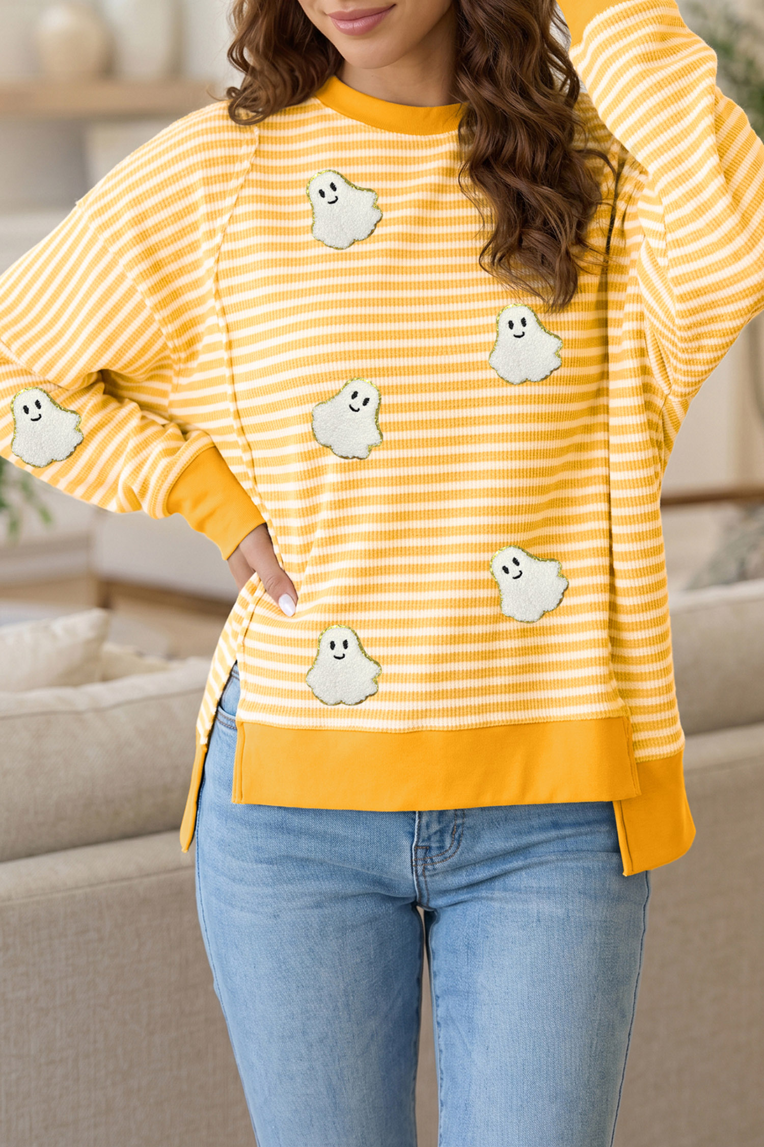 Women's Halloween Ghost Top, Khaki Stripe Long Sleeve - Detail View 8 Women's Halloween Ghost Top, Khaki Stripe Long Sleeve - Detail View 8