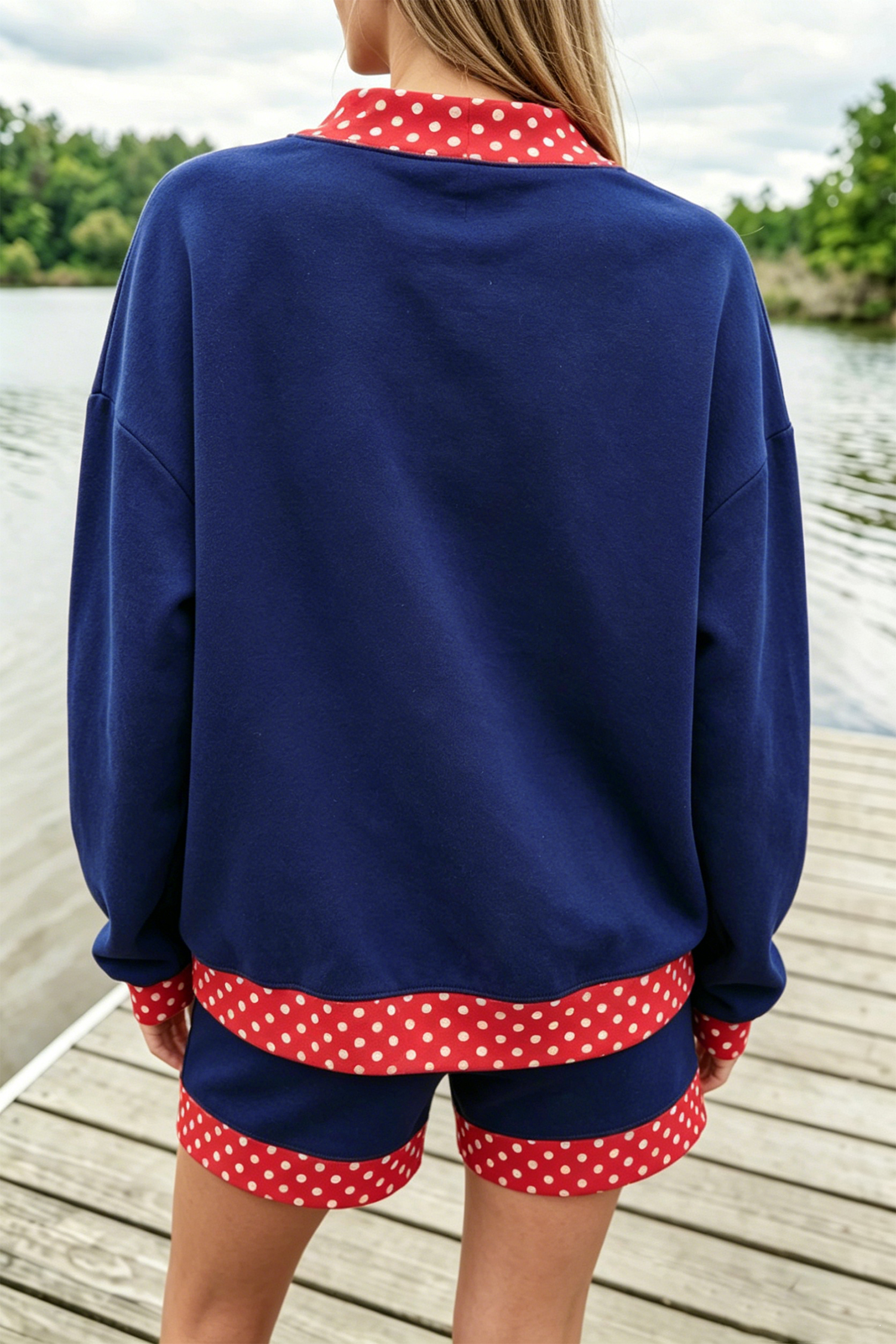 Polka Dot Trim 2 Piece Short Set, Women's Navy Loungewear - Detail View 2 Polka Dot Trim 2 Piece Short Set, Women's Navy Loungewear - Detail View 2