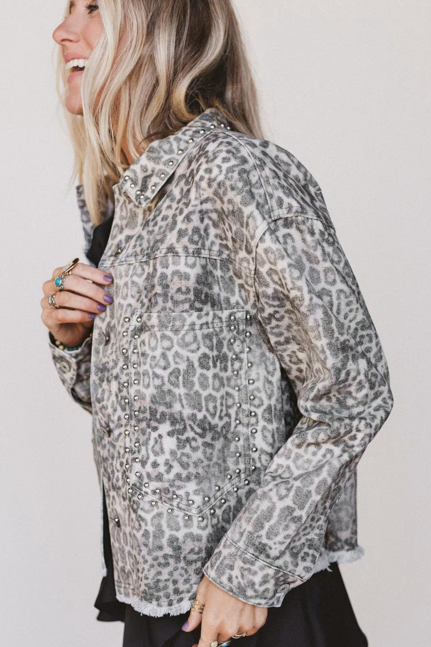 Leopard Print Studded Jacket, Women's Modern Denim Coat - Detail View 5 Leopard Print Studded Jacket, Women's Modern Denim Coat - Detail View 5