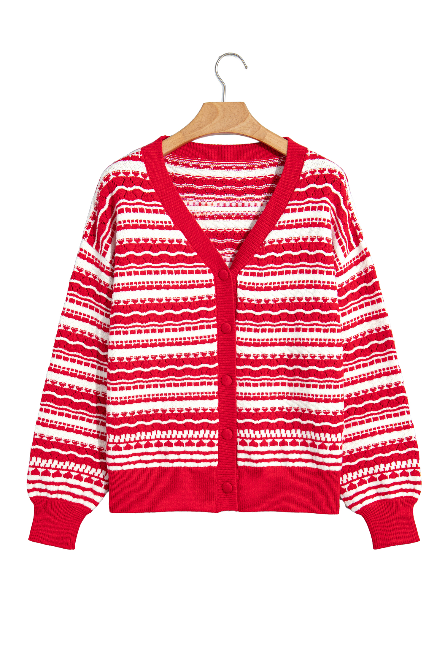 Women's Soft Red Cardigan Sweater, Cozy Striped Knit - Detail View 3 Women's Soft Red Cardigan Sweater, Cozy Striped Knit - Detail View 3