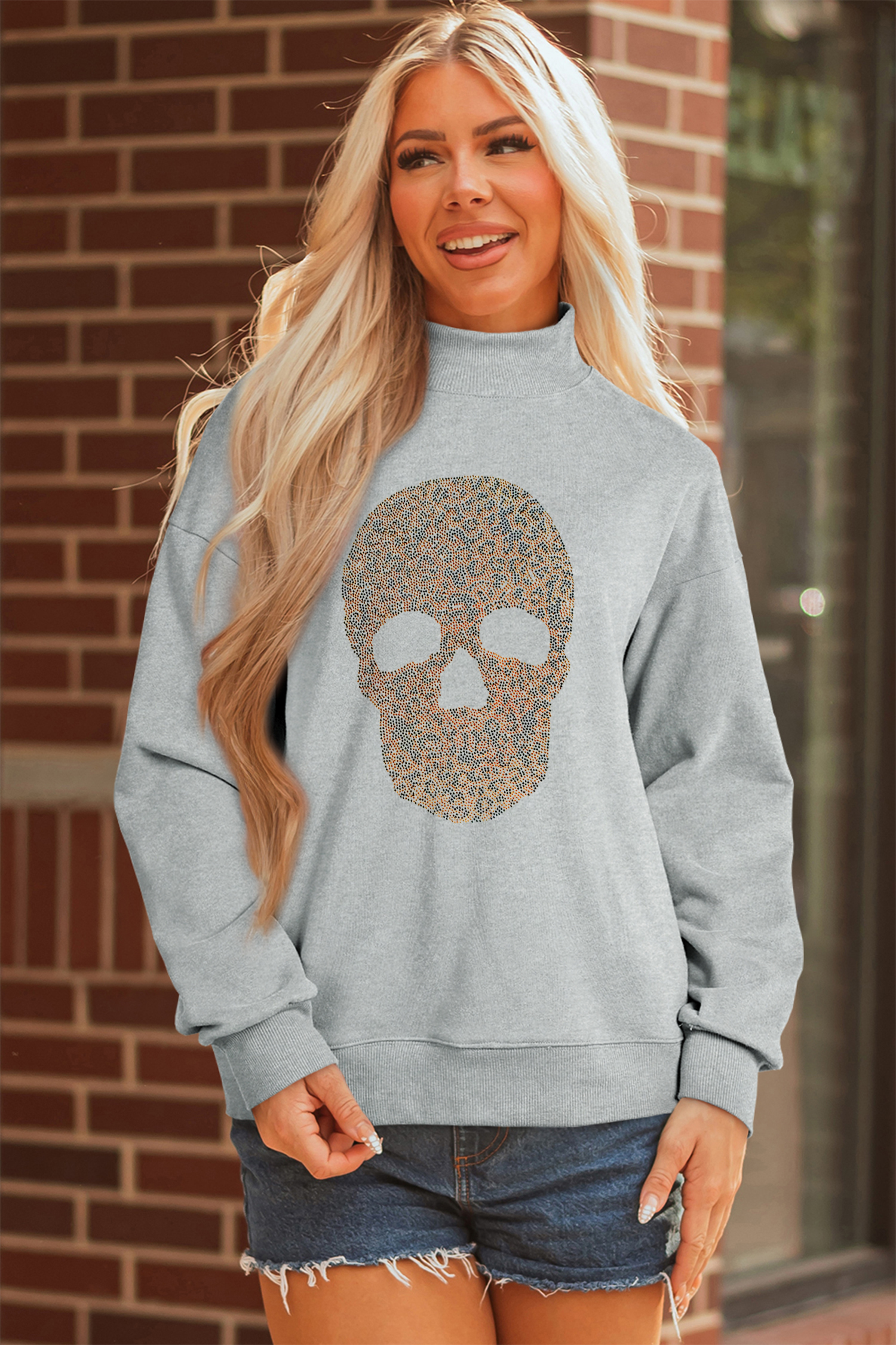 Women's Skull Sweatshirt, Casual Mock Neck Pullover - Detail View 7 Women's Skull Sweatshirt, Casual Mock Neck Pullover - Detail View 7