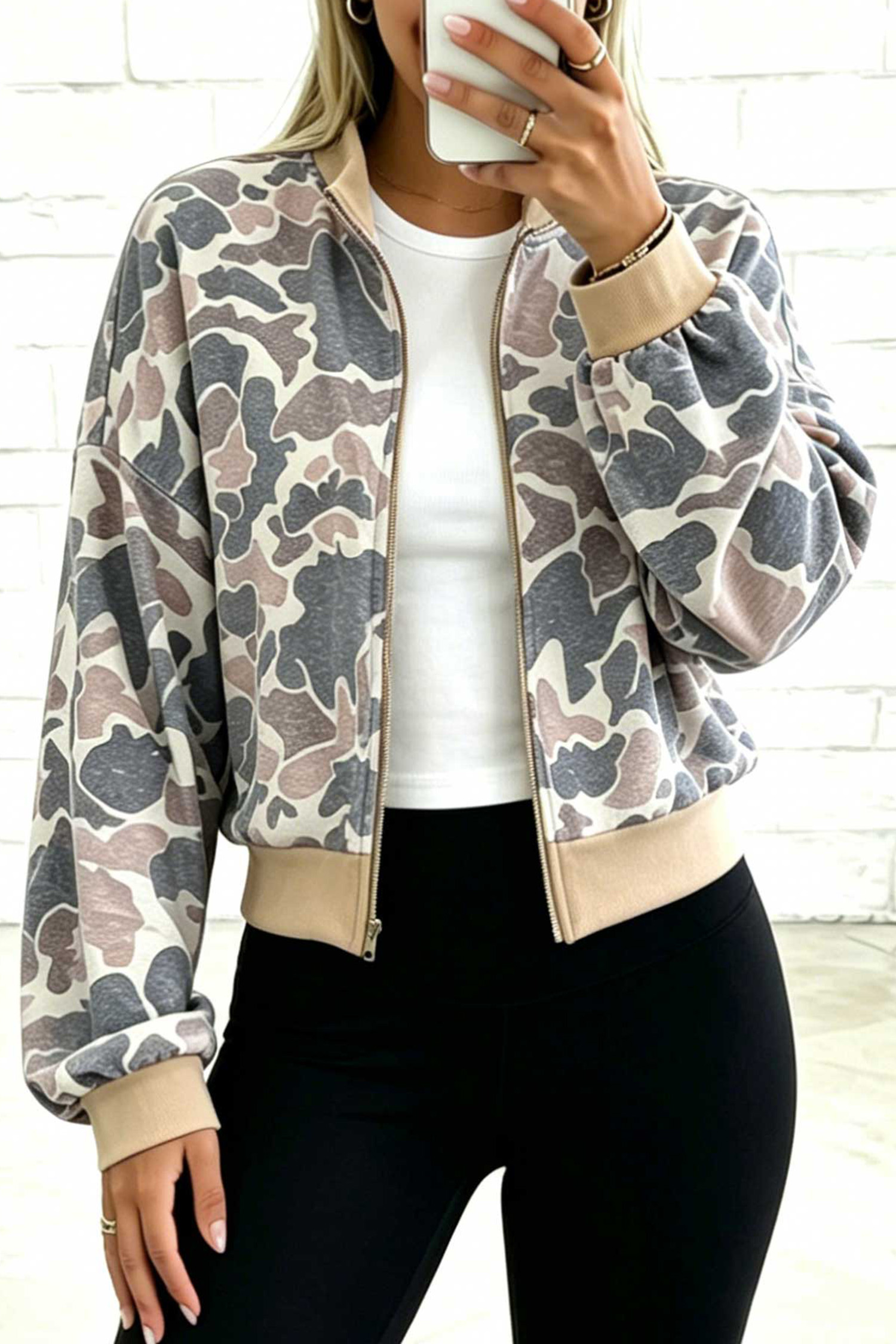 Zip Stand Neck Sweatshirt, Cozy Women's Camo Bomber - Detail View 6 Zip Stand Neck Sweatshirt, Cozy Women's Camo Bomber - Detail View 6