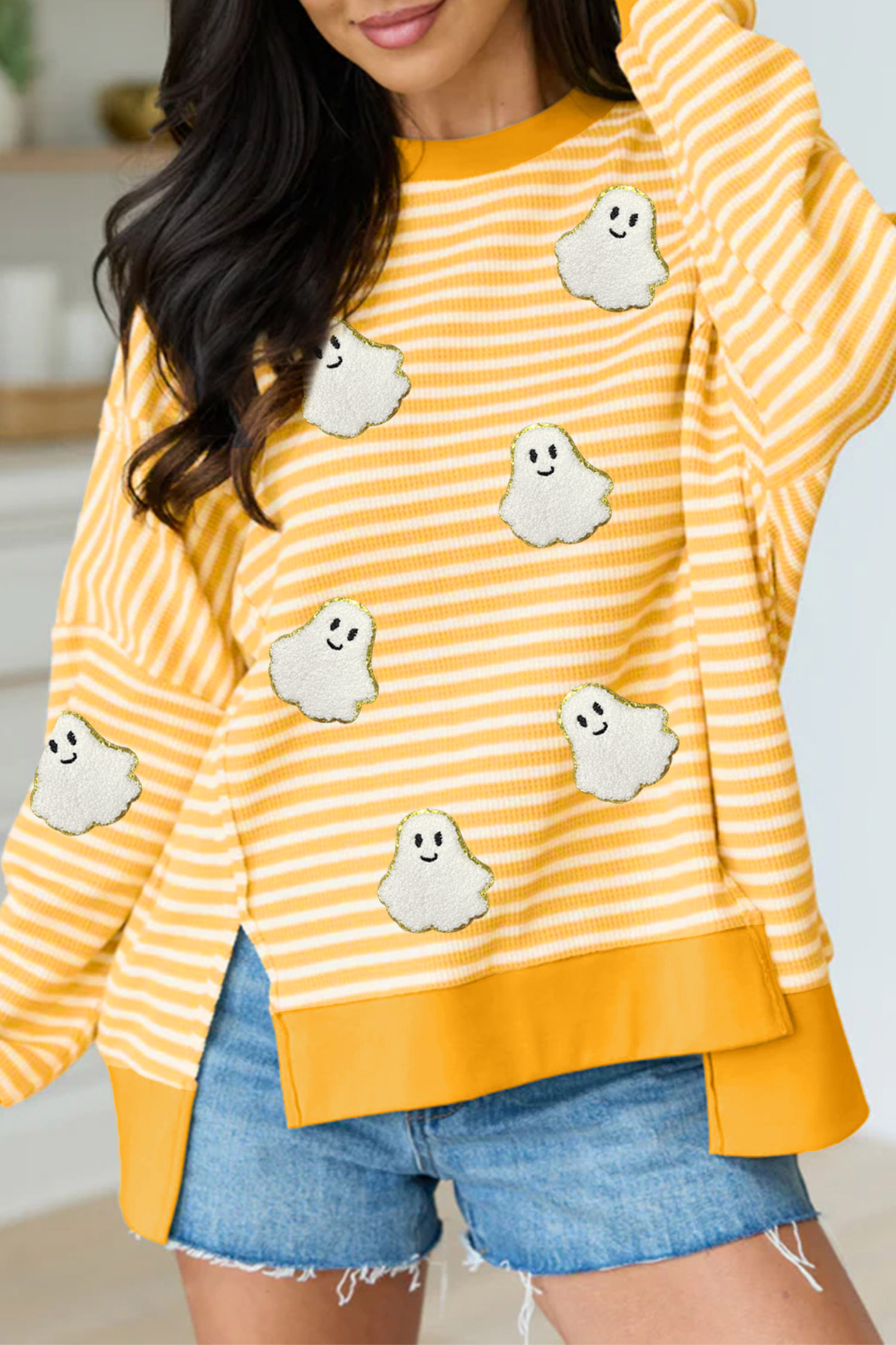 Women's Halloween Ghost Top, Khaki Stripe Long Sleeve - Detail View 5 Women's Halloween Ghost Top, Khaki Stripe Long Sleeve - Detail View 5