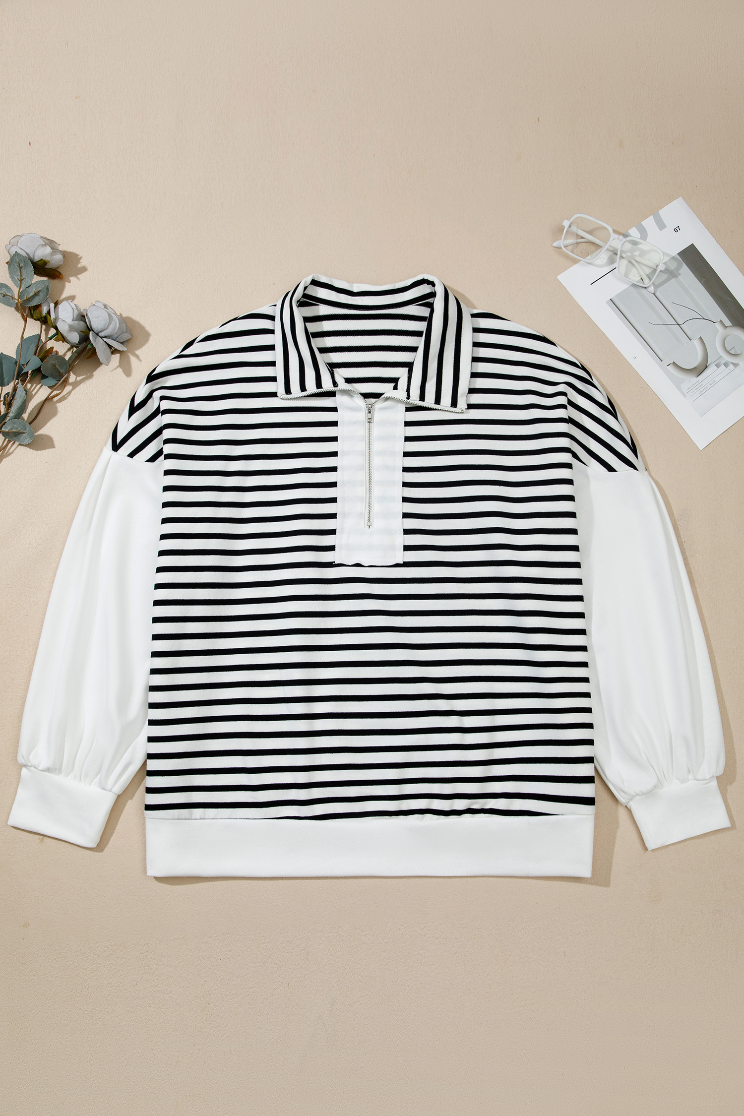 Women's Cotton Blend Stripe Pullover, Cozy V Neck Sweatshirt - Detail View 3 Women's Cotton Blend Stripe Pullover, Cozy V Neck Sweatshirt - Detail View 3