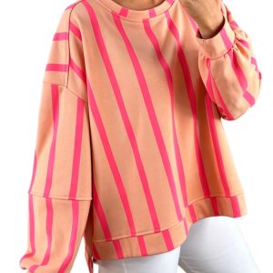 HOME Pink Striped Sweatshirt, Drop Shoulder Casual Women's Top - Main View