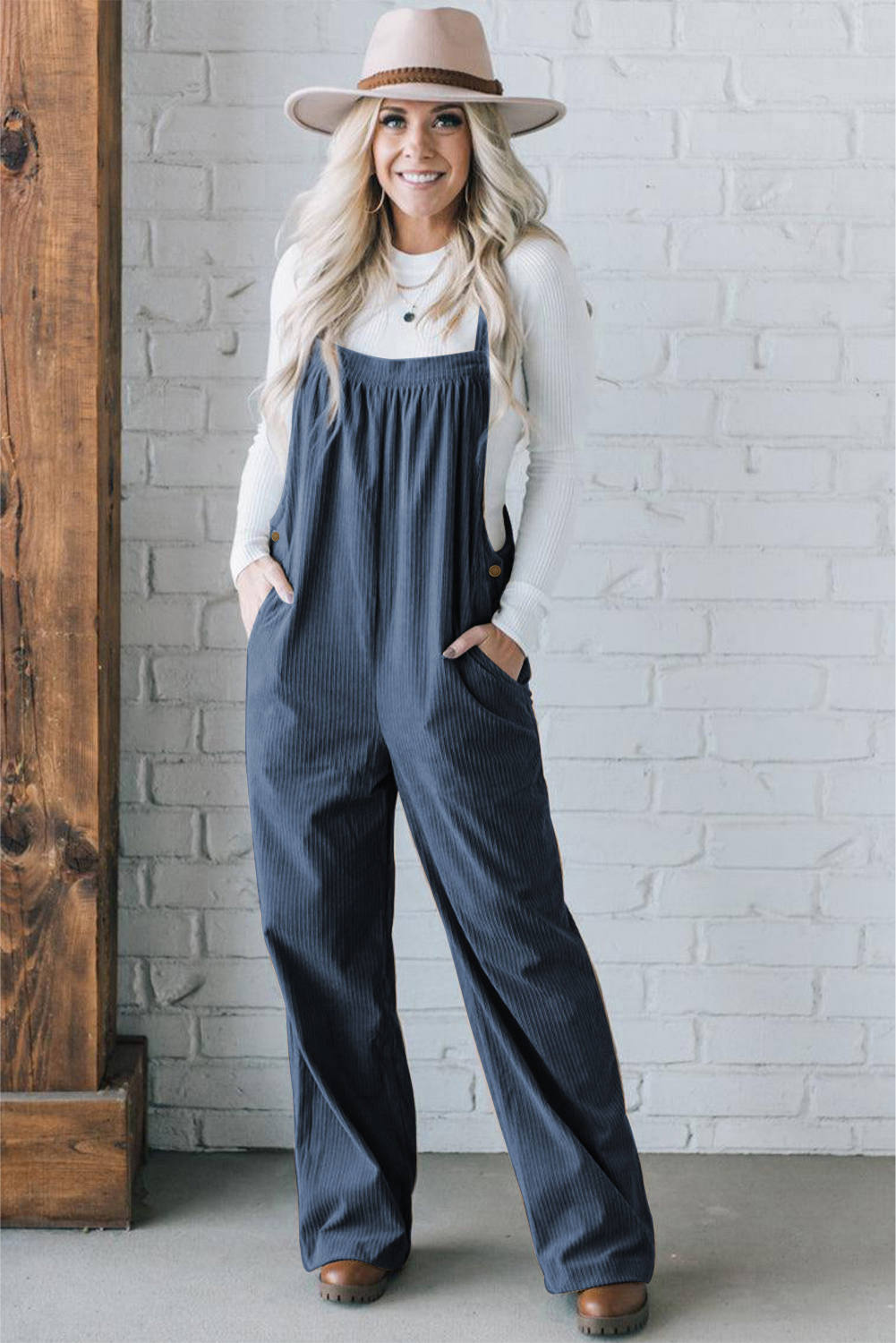 Solid Teal Corduroy Jumpsuit, Trendy Women Overall - Detail View 5 Solid Teal Corduroy Jumpsuit, Trendy Women Overall - Detail View 5