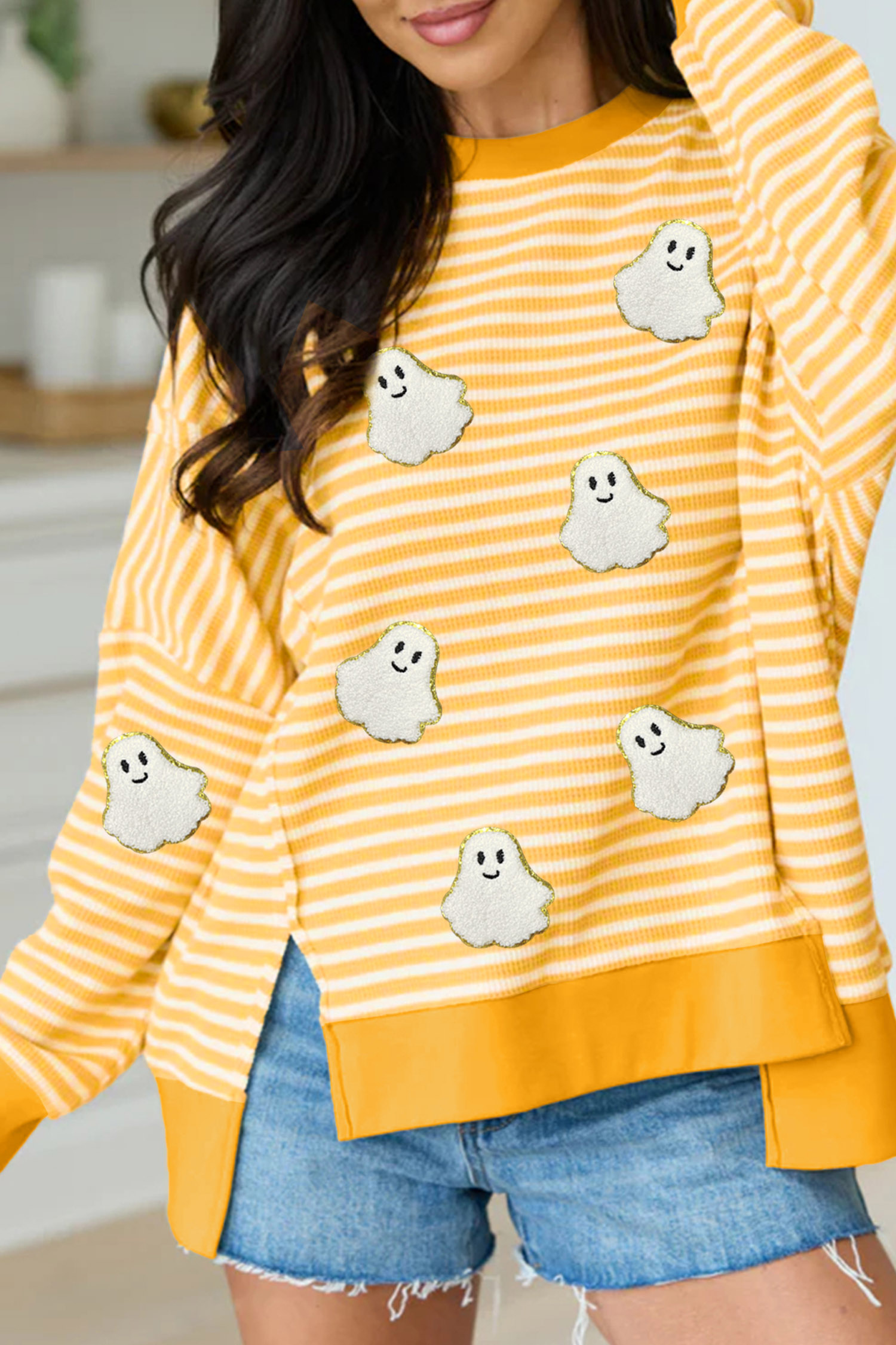 Women's Striped Ghost Top, Casual Autumn Long Sleeve - Detail View 7 Women's Striped Ghost Top, Casual Autumn Long Sleeve - Detail View 7