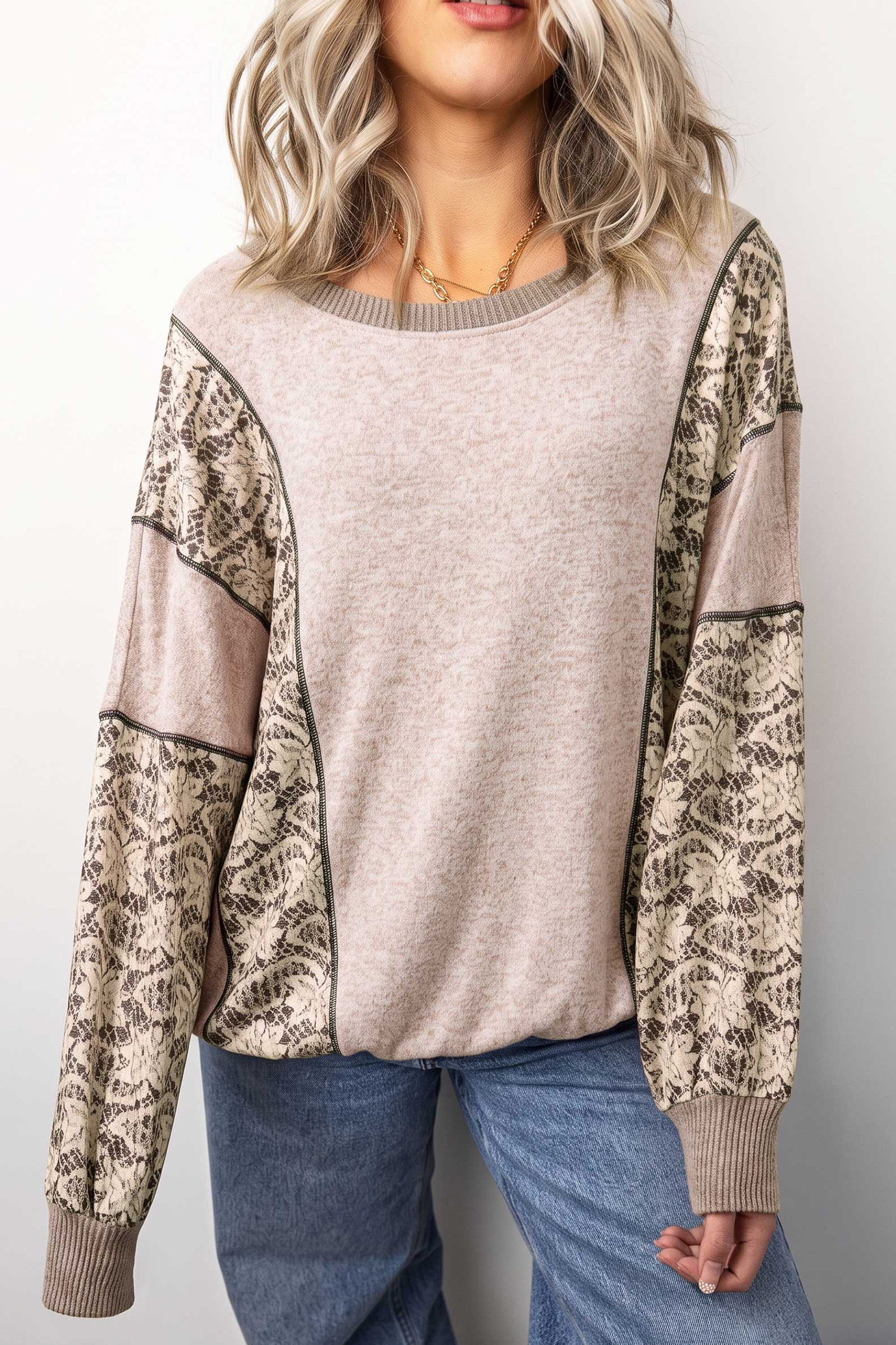 Casual Khaki Floral Shift Top, Women's Autumn Round Neck Shirt - Detail View 3 Casual Khaki Floral Shift Top, Women's Autumn Round Neck Shirt - Detail View 3
