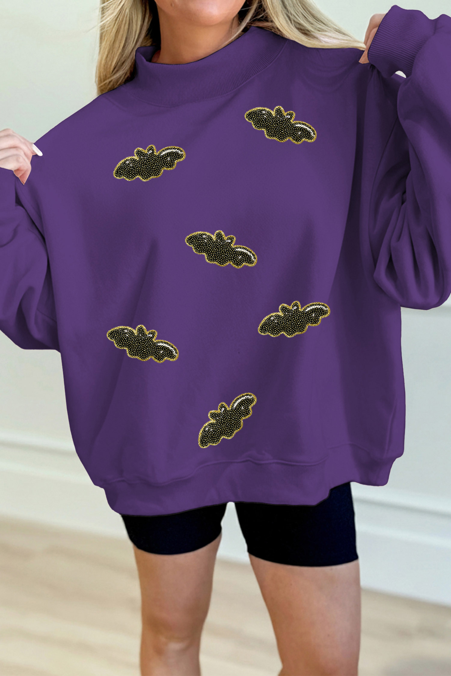 Halloween Bat Print Sweatshirt, Mock Neck Long Sleeve Pullover - Detail View 5 Halloween Bat Print Sweatshirt, Mock Neck Long Sleeve Pullover - Detail View 5