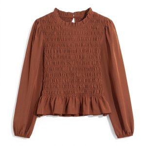 Women's Smocked Ruffle Blouse, Casual Coffee Top - Main View