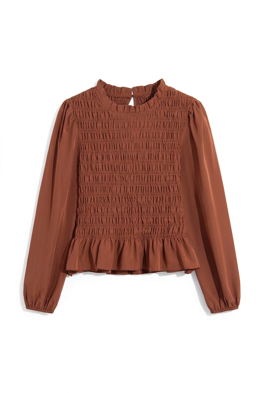 Women's Smocked Ruffle Blouse, Casual Coffee Top - Main View Women's Smocked Ruffle Blouse, Casual Coffee Top - Main View
