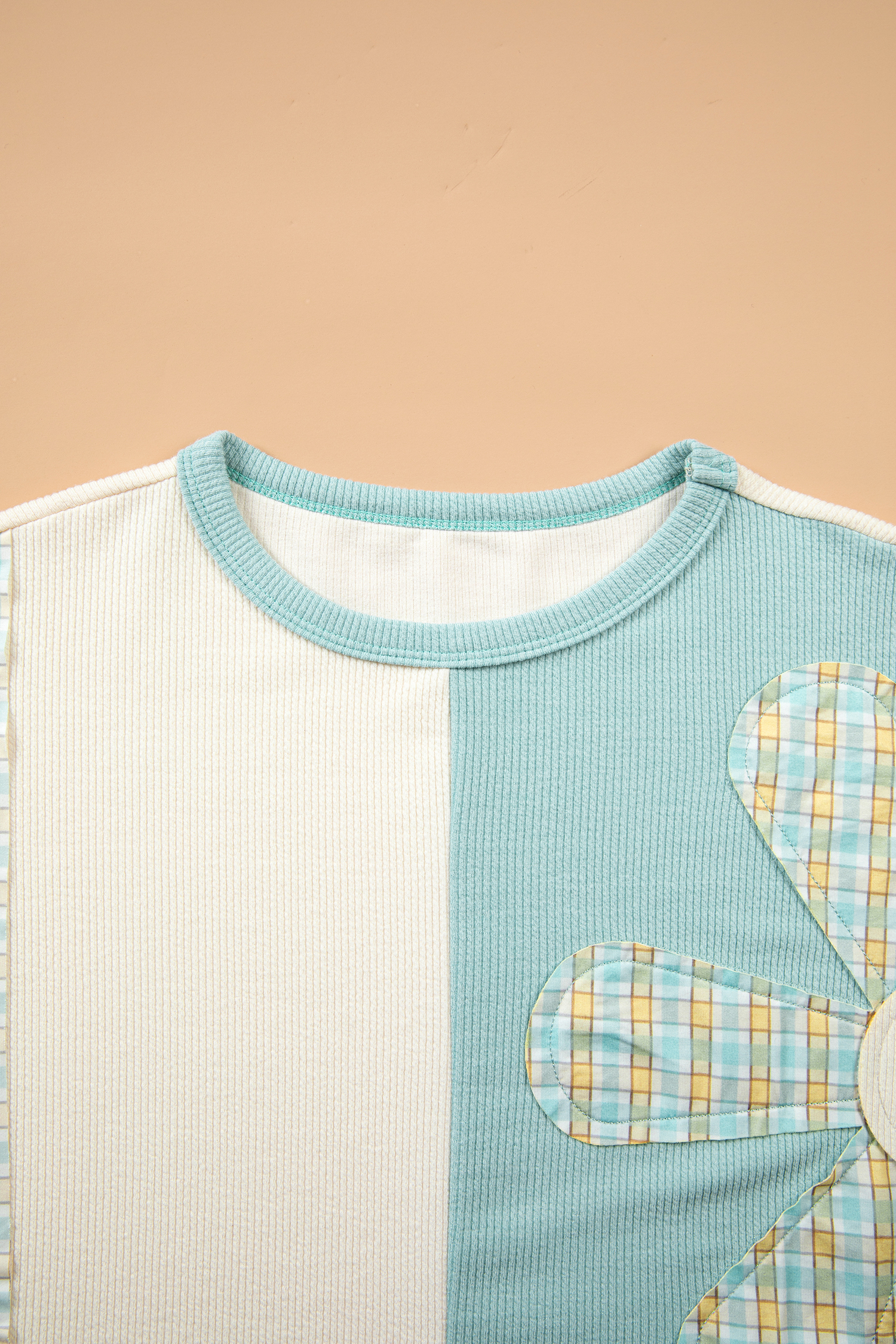 Colorblock Plaid Patchwork Top, Women's Casual Round Neck - Detail View 5 Colorblock Plaid Patchwork Top, Women's Casual Round Neck - Detail View 5