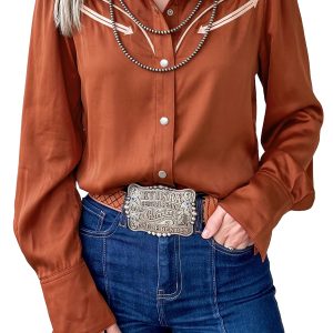 Cinnamon Satin Western Shirt, Women's Long Sleeve Top - Main View