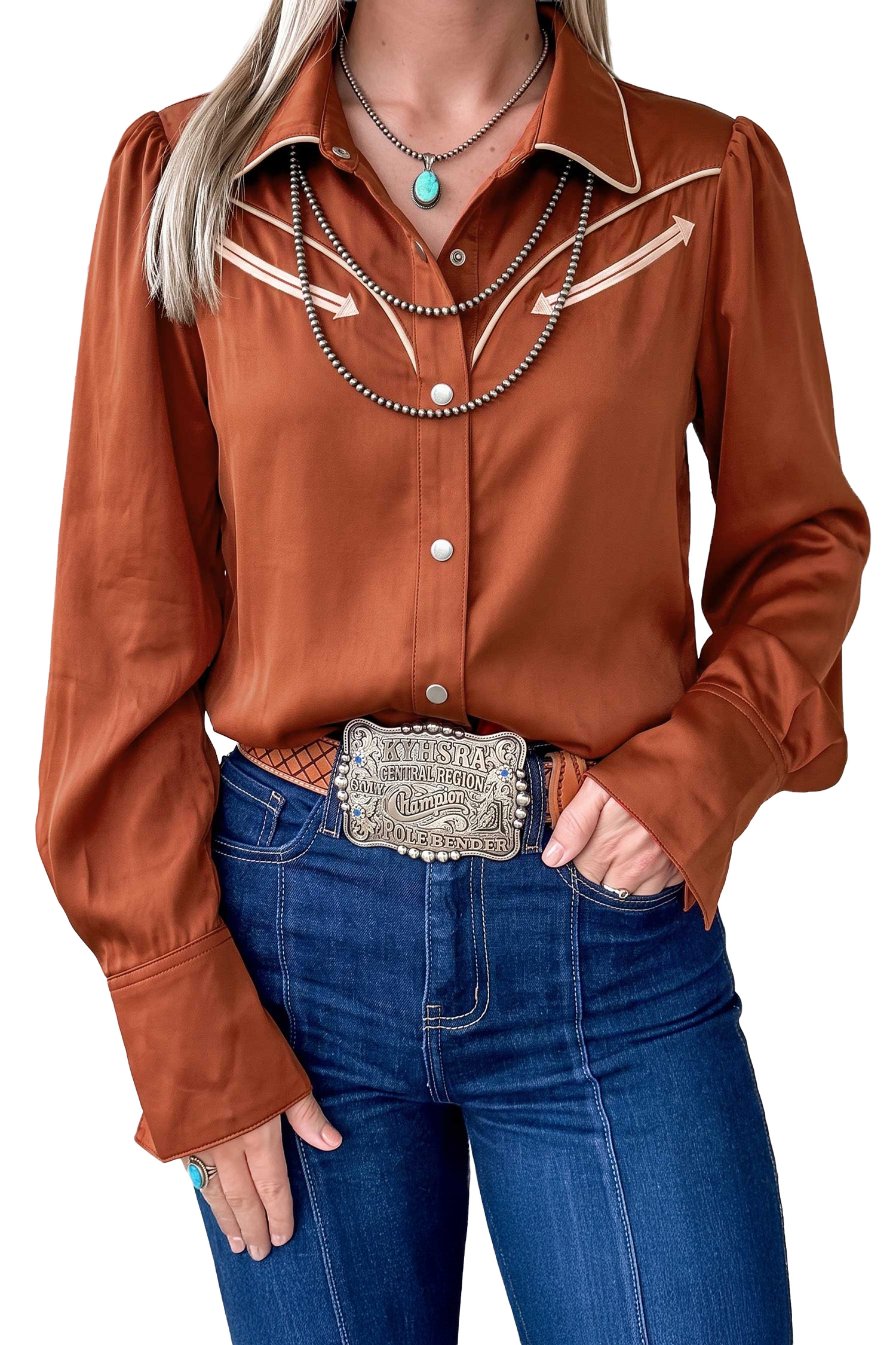 Cinnamon Satin Western Shirt, Women's Long Sleeve Top - Main View Cinnamon Satin Western Shirt, Women's Long Sleeve Top - Main View