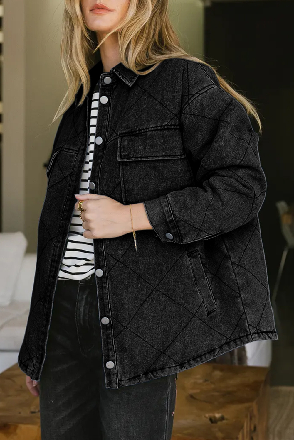 Cotton Blend Denim Jacket, Women's Warm Buttoned Outer - Detail View 3 Cotton Blend Denim Jacket, Women's Warm Buttoned Outer - Detail View 3