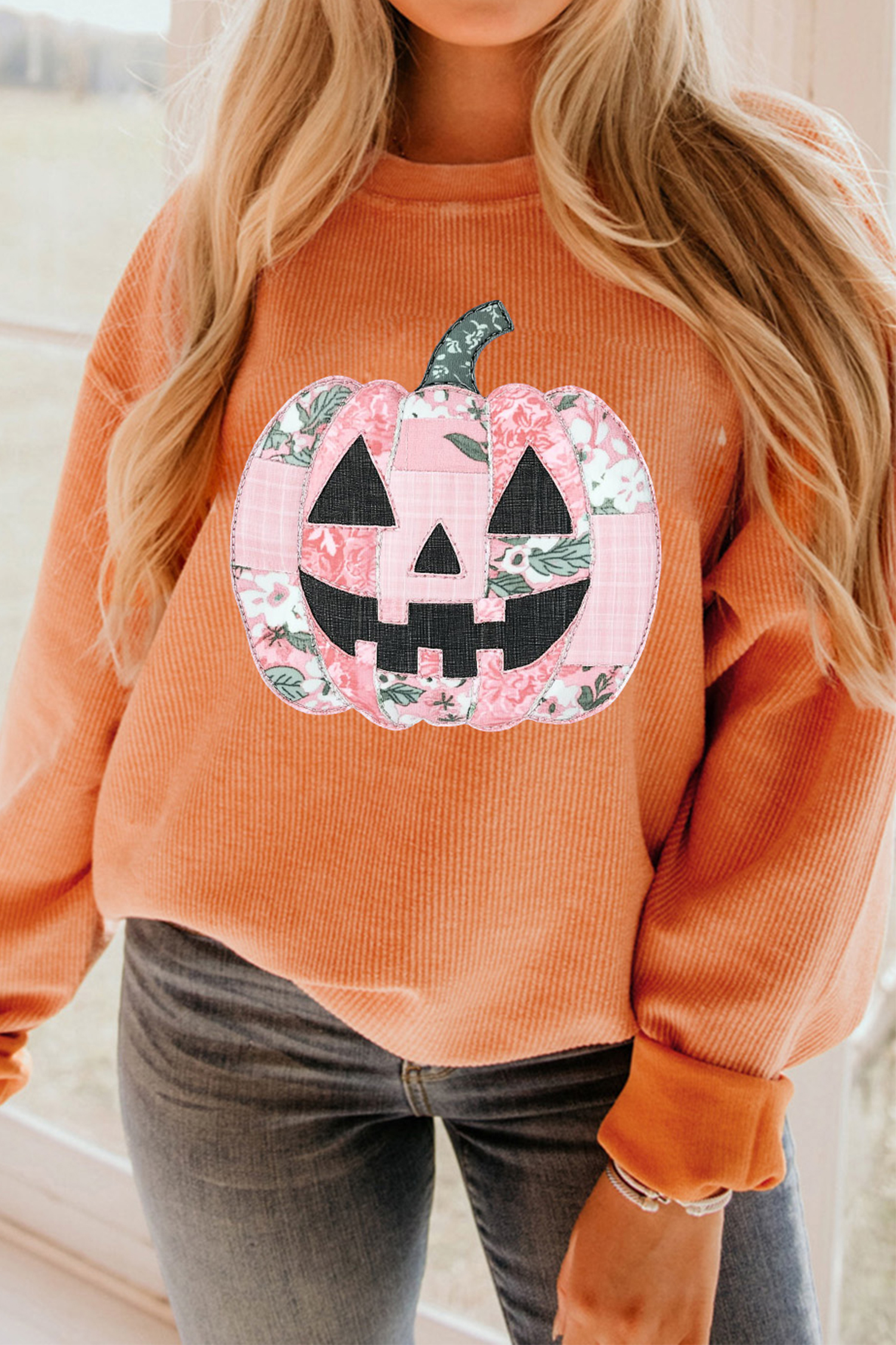 Women's Halloween Pumpkin Tunic, Patchwork Corded Top - Detail View 2 Women's Halloween Pumpkin Tunic, Patchwork Corded Top - Detail View 2