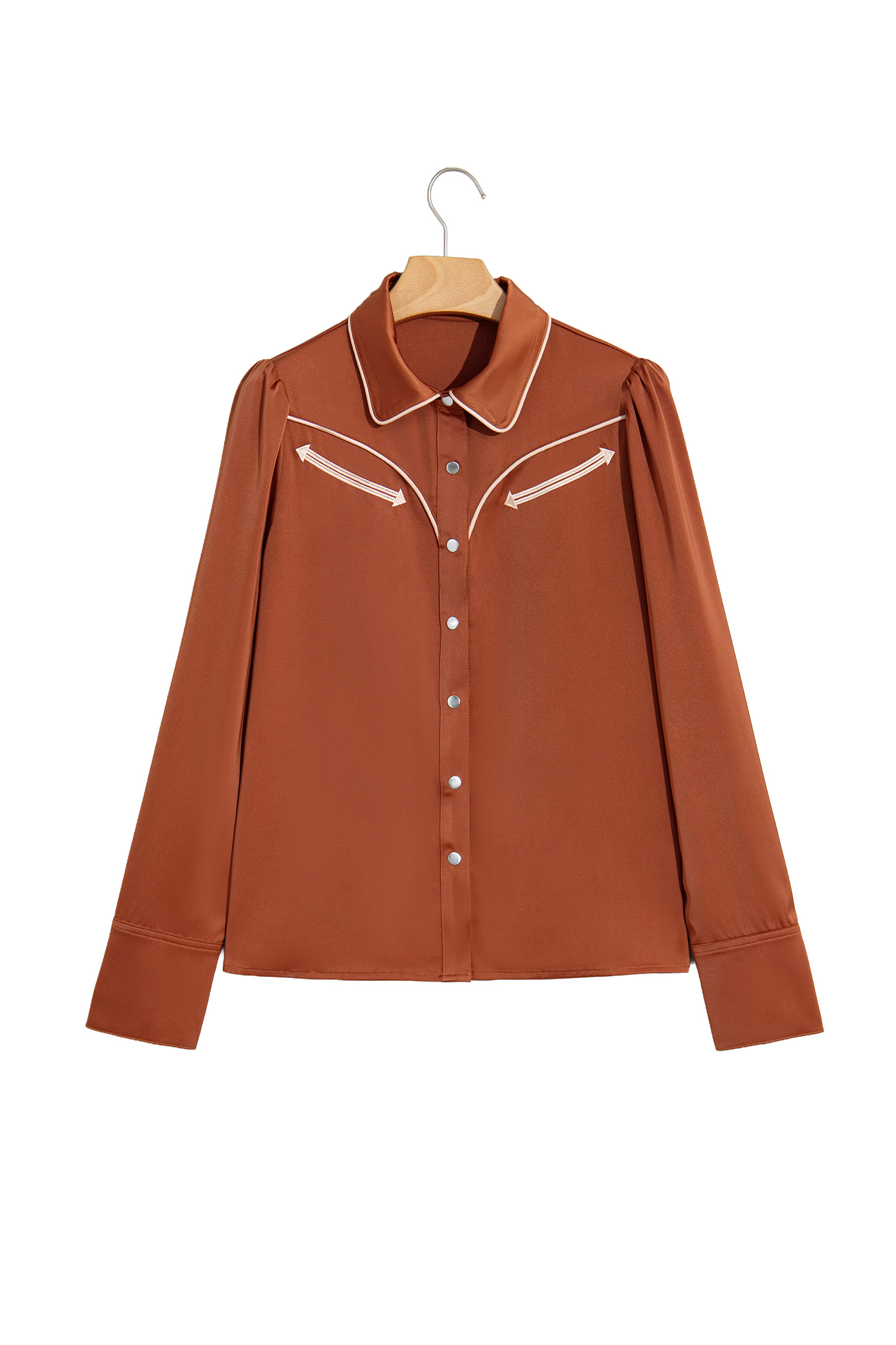 Silky Button Down Western Blouse, Women's Fall Fashion - Detail View 5 Silky Button Down Western Blouse, Women's Fall Fashion - Detail View 5